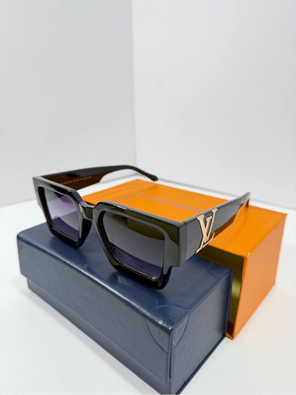 Louis Vuitton Black Square Sunglasses with Gold LV Hardware